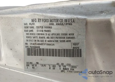 2001 Ford Mustang z USA, uszkodzony, nr VIN 1FAFP40481F186634